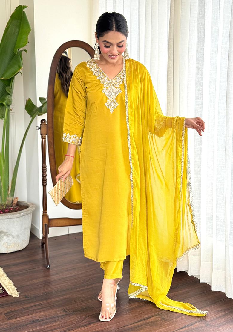 Yellow Embroidered Chanderi Kurta Set