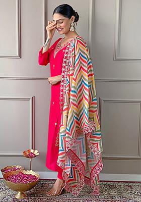 Pink Embroidered Viscose Kurta Set