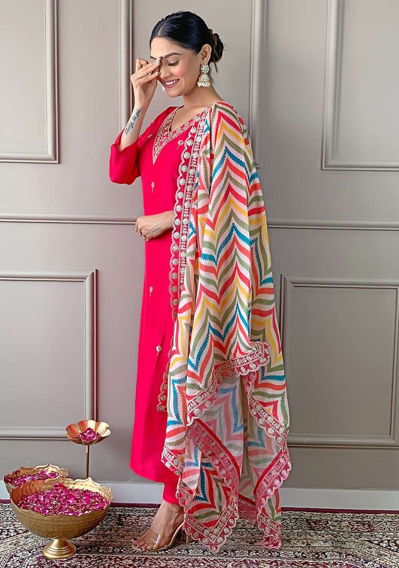 Pink Embroidered Viscose Pakistani Suit Set - Indya
