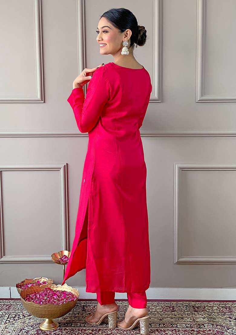 Pink Embroidered Viscose Pakistani Suit Set - Indya