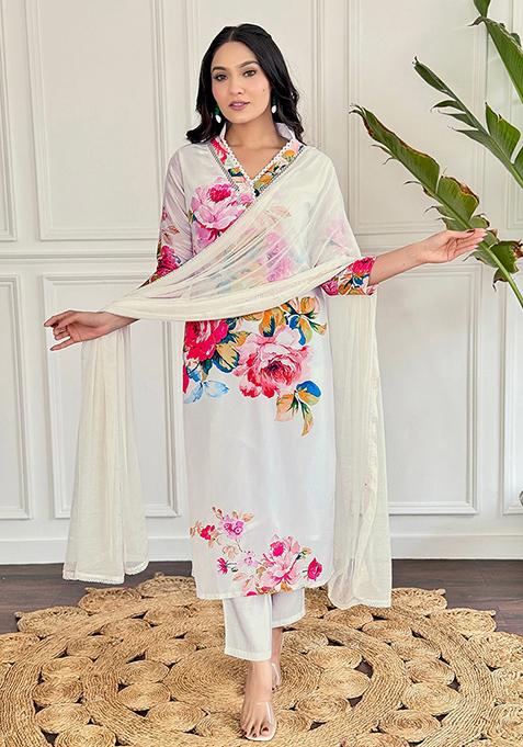 White Embroidered Crepe Kurta Set