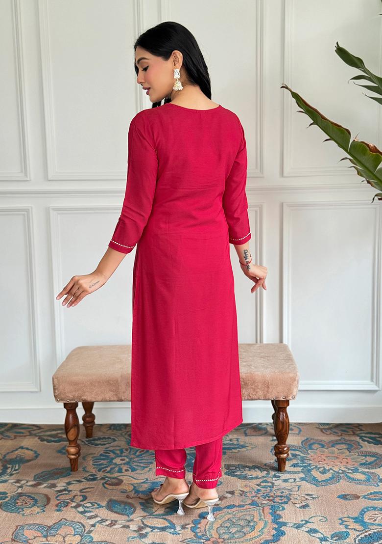 Red Embroidered Viscose Kurta Set