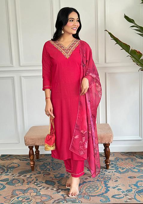 Red Embroidered Viscose Kurta Set