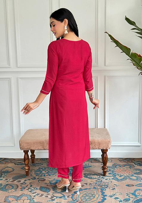 Red Embroidered Viscose Kurta Set