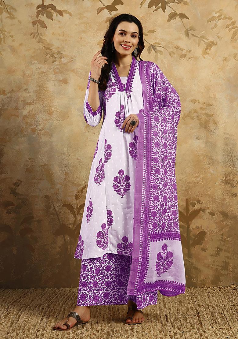 Purple Abstract Print Cotton Kurta Set
