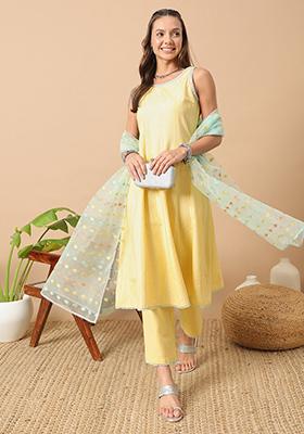 Yellow Embroidered Cotton Kurta Set