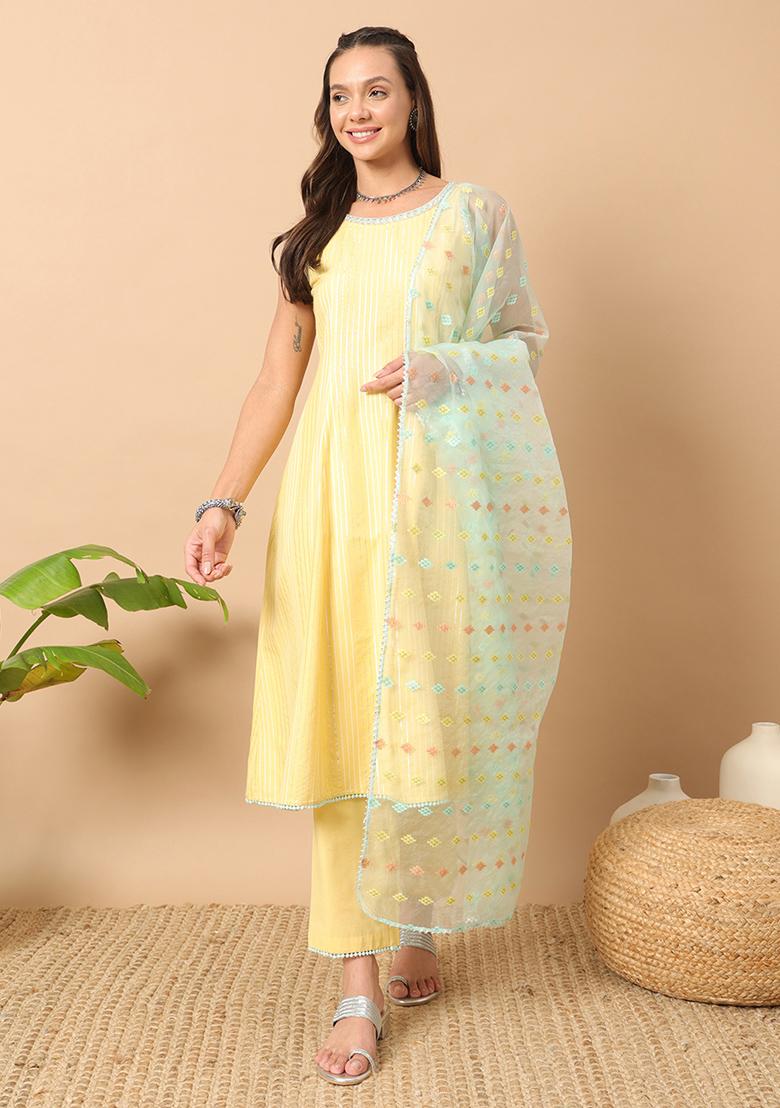 Yellow Embroidered Cotton Kurta Set