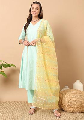 Sea Green Embroidered Cotton Kurta Set