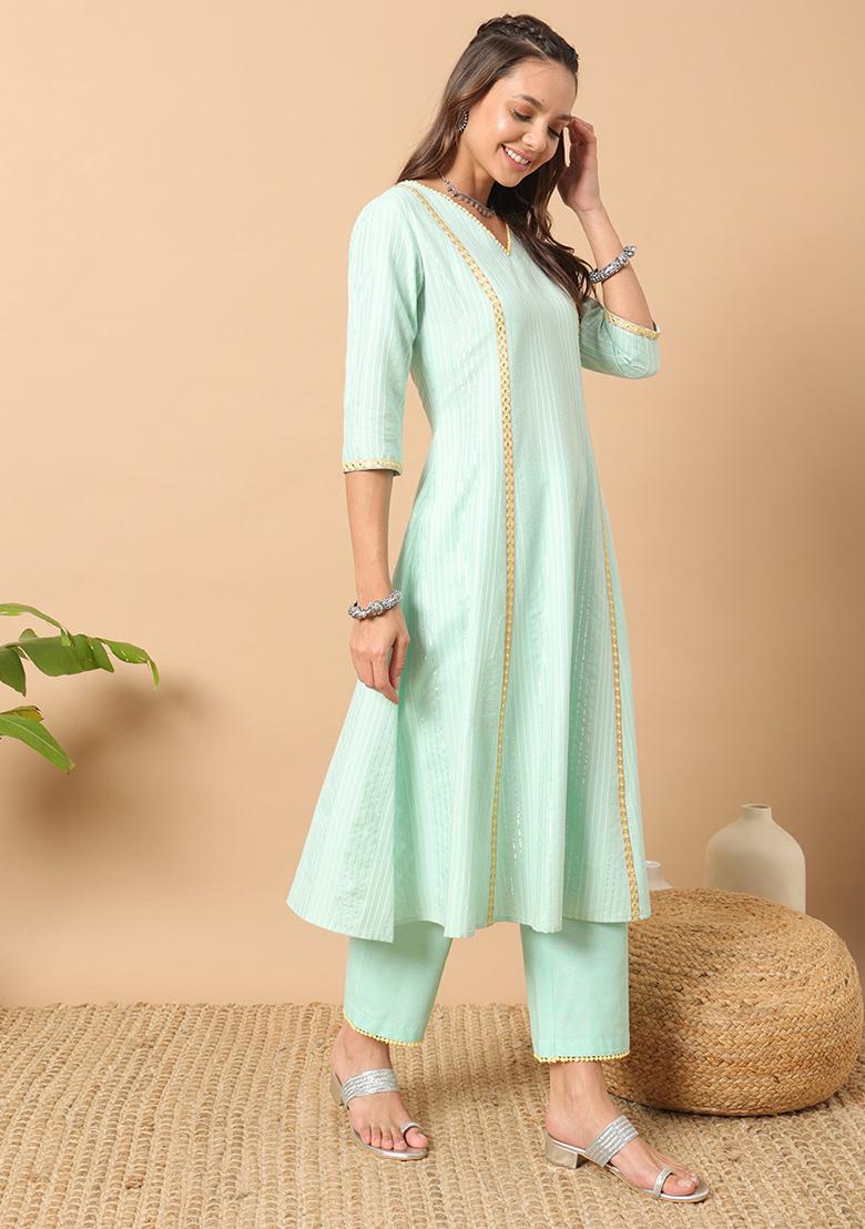 Sea Green Embroidered Cotton Kurta Set
