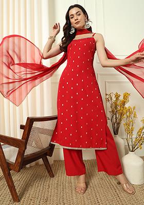 Red Embroidered Crepe Kurta Set