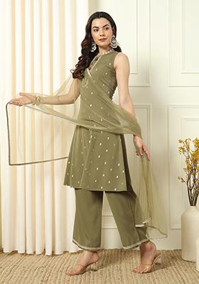 Green Embroidered Crepe Kurta Set