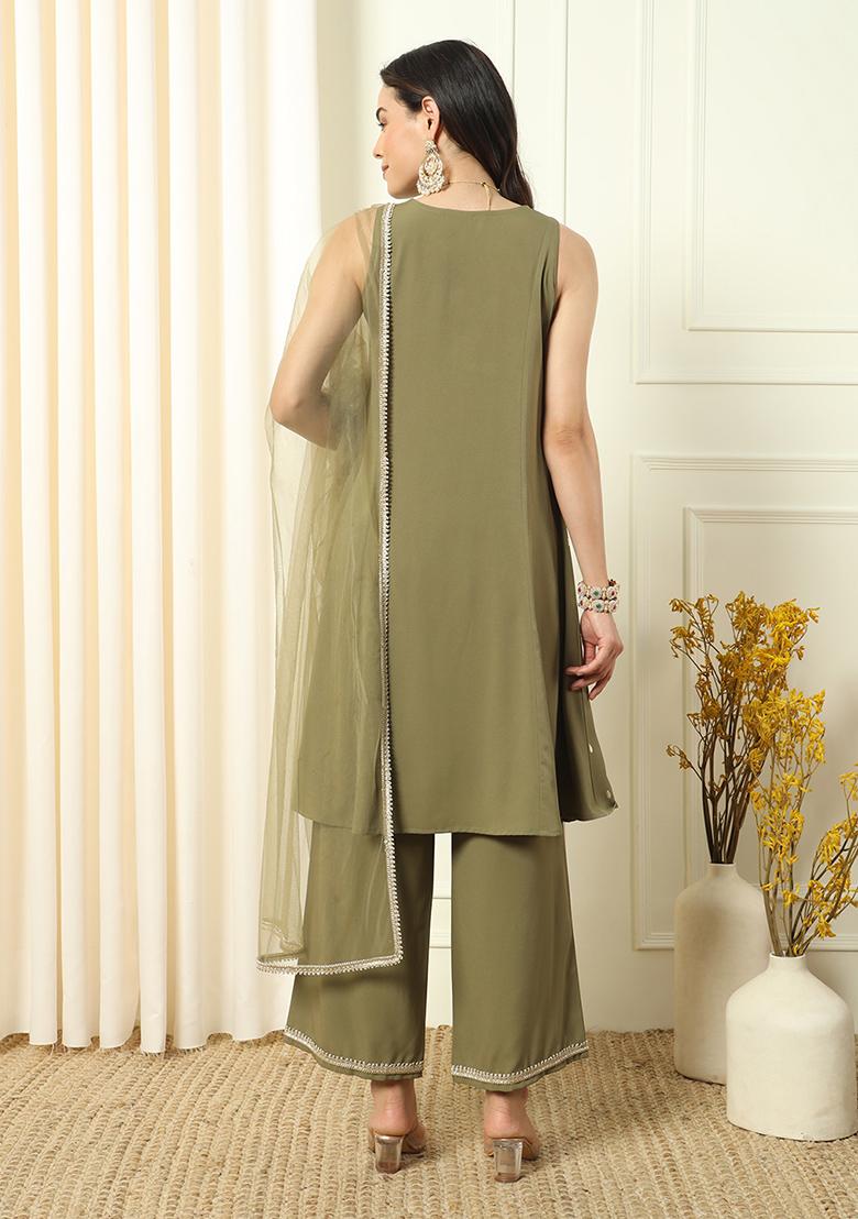 Green Embroidered Crepe Kurta Set