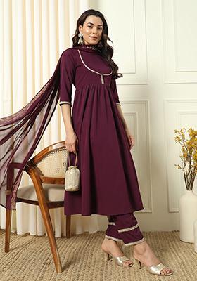 Wine Embroidered Crepe Kurta Set