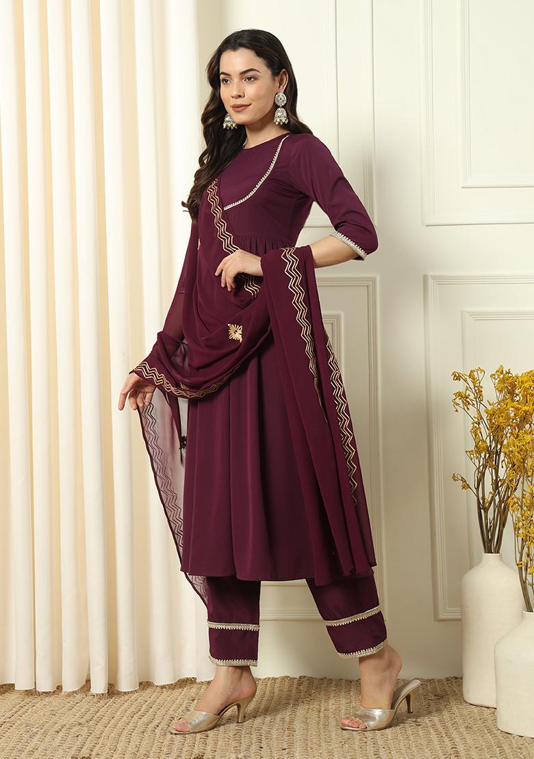 Wine Embroidered Crepe Kurta Set