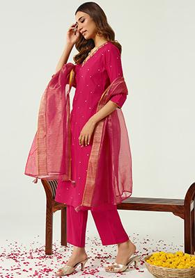 Pink Embroidered Chanderi Kurta Set