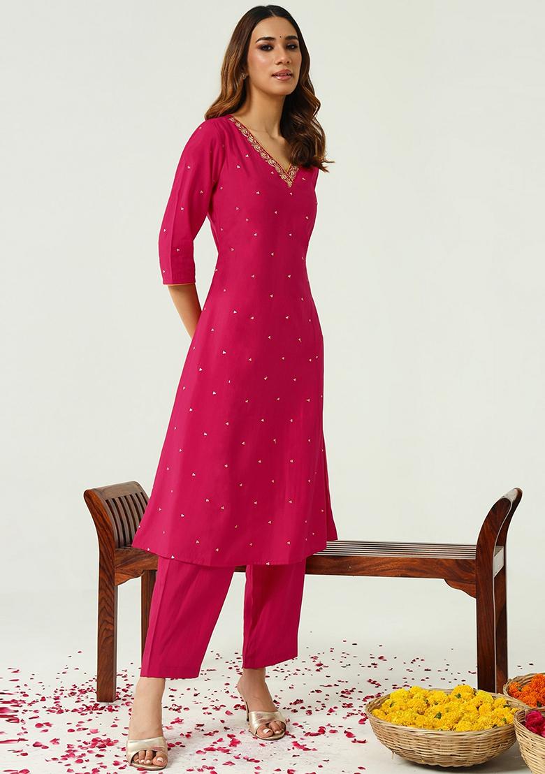Pink Embroidered Chanderi Kurta Set