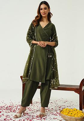 Green Embroidered Silk Kurta Set