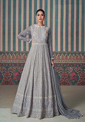 Grey Embroidered Georgette Anarkali Kurta Set