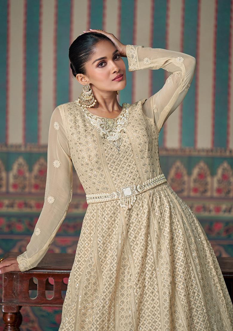 Beige Embroidered Georgette Anarkali Kurta Set