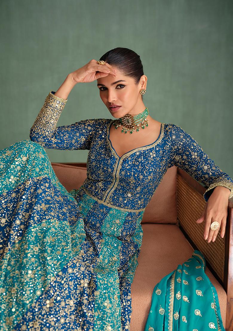 Blue Embroidered Georgette Anarkali Kurta Set