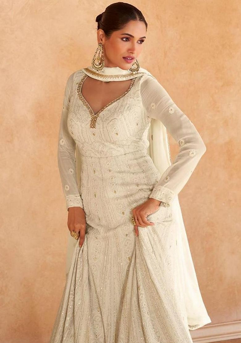 Cream Embroidered Georgette Anarkali Kurta Set