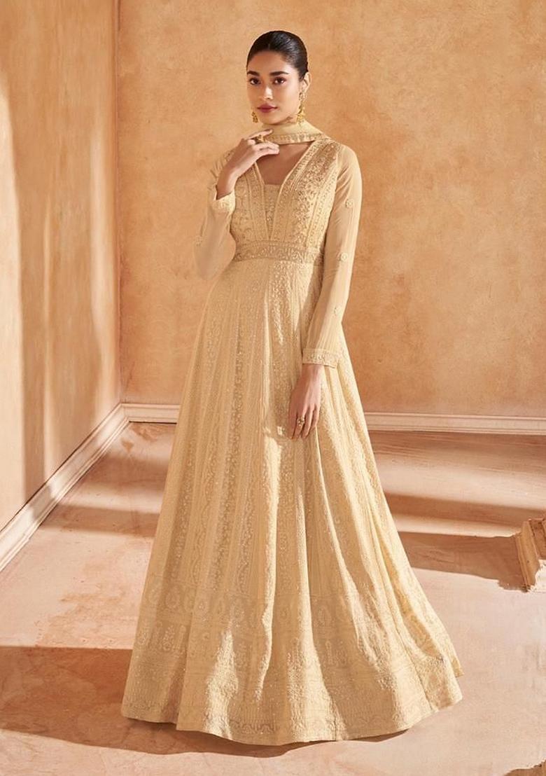 Peach Embroidered Georgette Anarkali Kurta Set