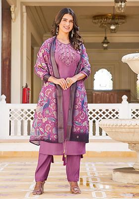 Purple Embroidered Silk Kurta Set