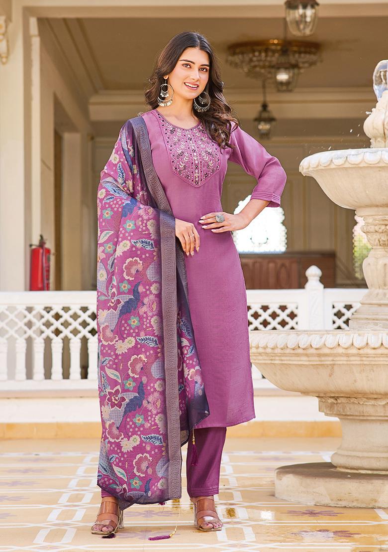 Purple Embroidered Silk Kurta Set