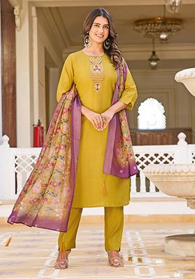 Mustard Yellow Embroidered Silk Kurta Set