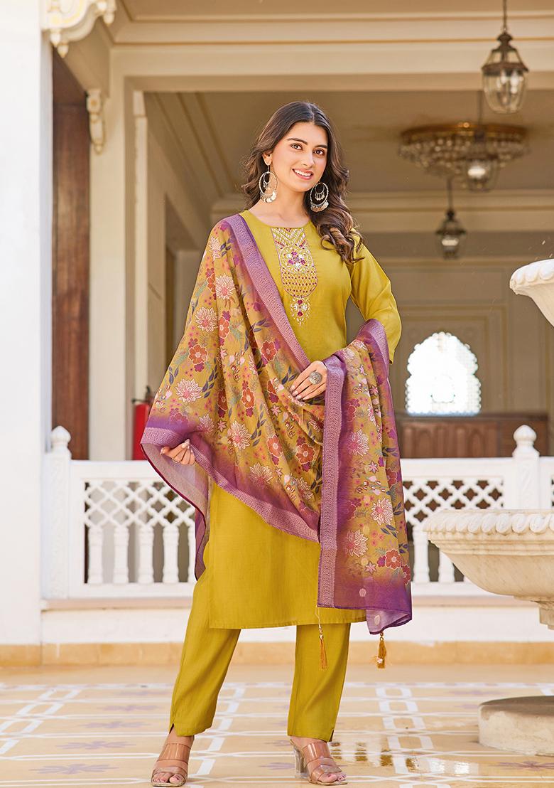 Mustard Yellow Embroidered Silk Kurta Set