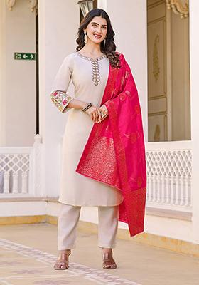 Off White Embroidered Silk Kurta Set