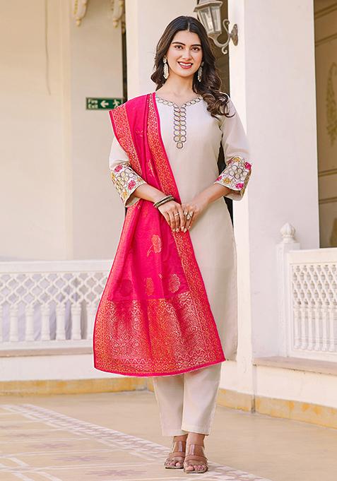 Off White Embroidered Silk Blend Straight Women Kurta Trouser With Dupatta main image 1