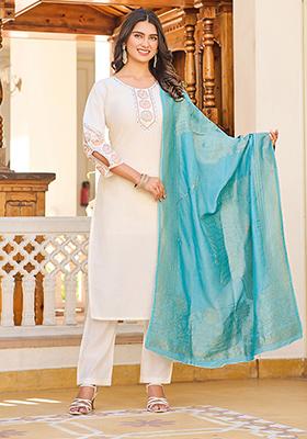 Cream Embroidered Silk Kurta Set