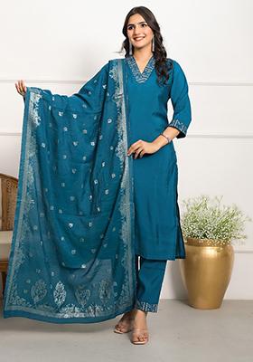 Blue Embroidered Viscose Kurta Set