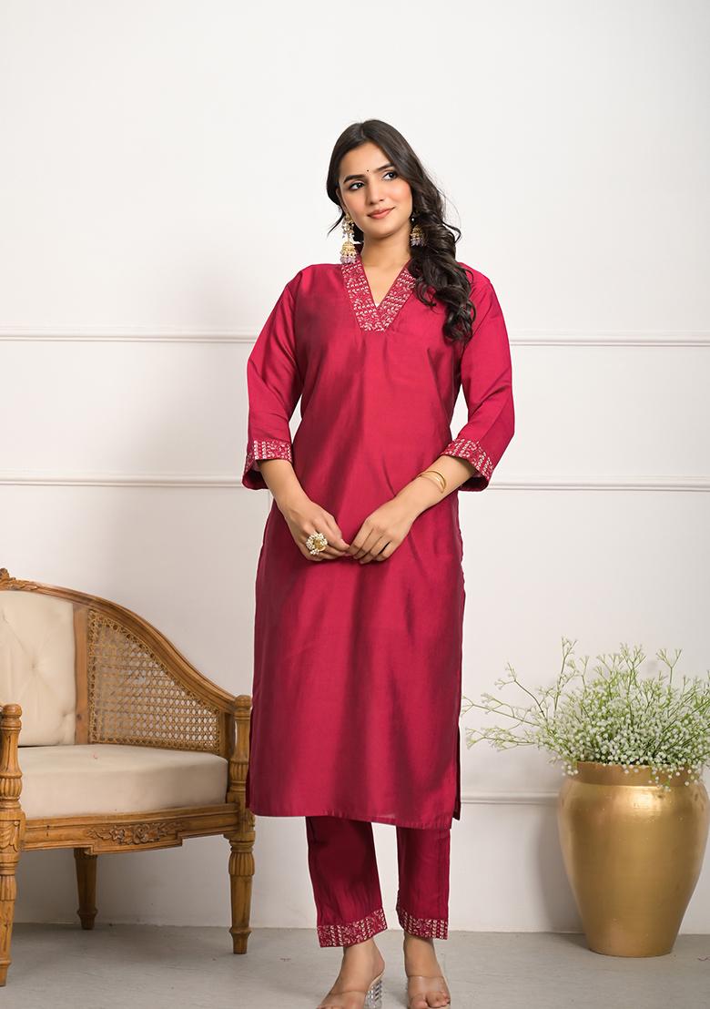 Red Embroidered Viscose Kurta Set