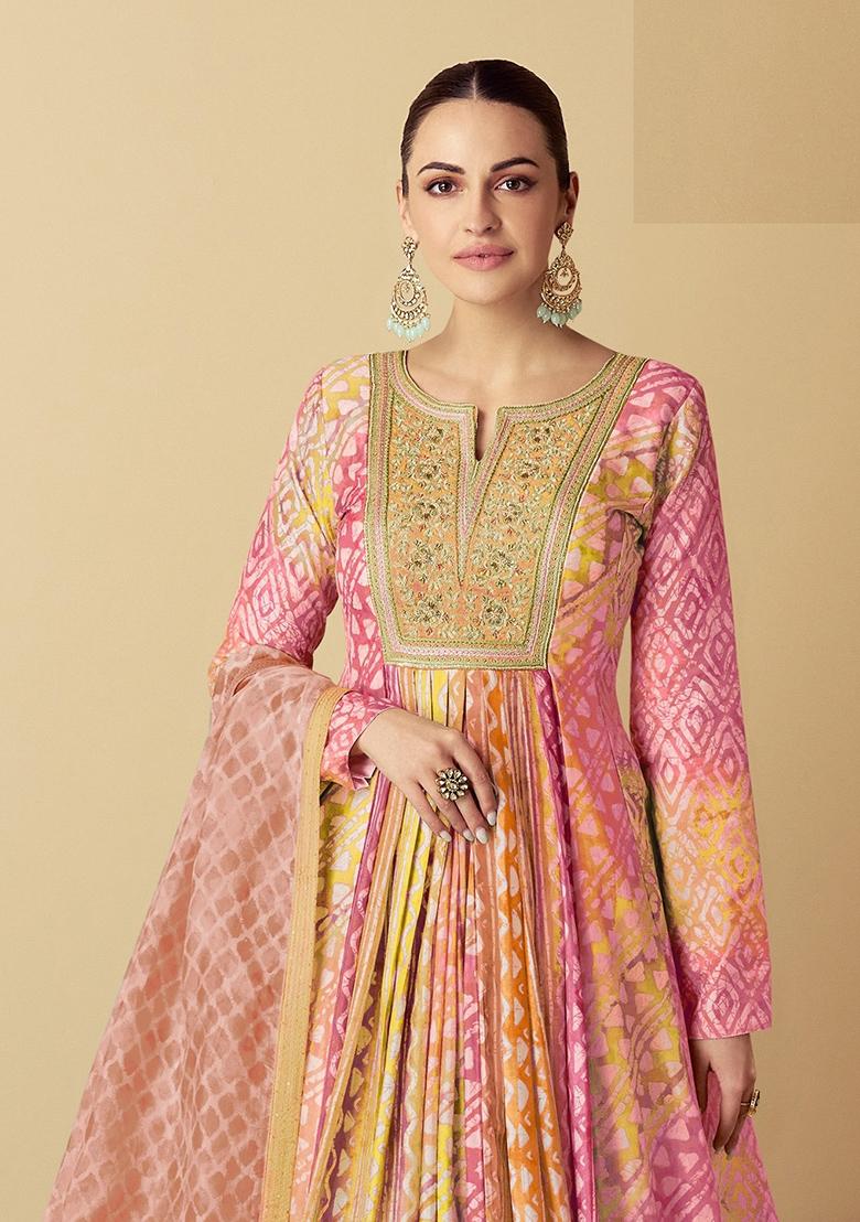 Peach Embroidered Silk Anarkali Kurta Set