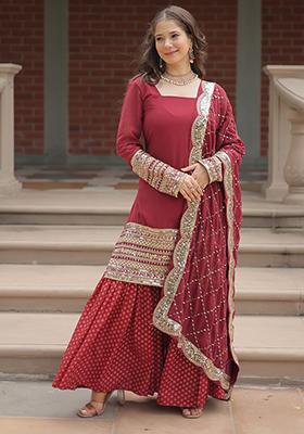 Red Sequins Embroidered Georgette Kurta Set