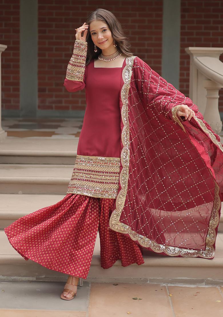 Red Sequins Embroidered Georgette Kurta Set