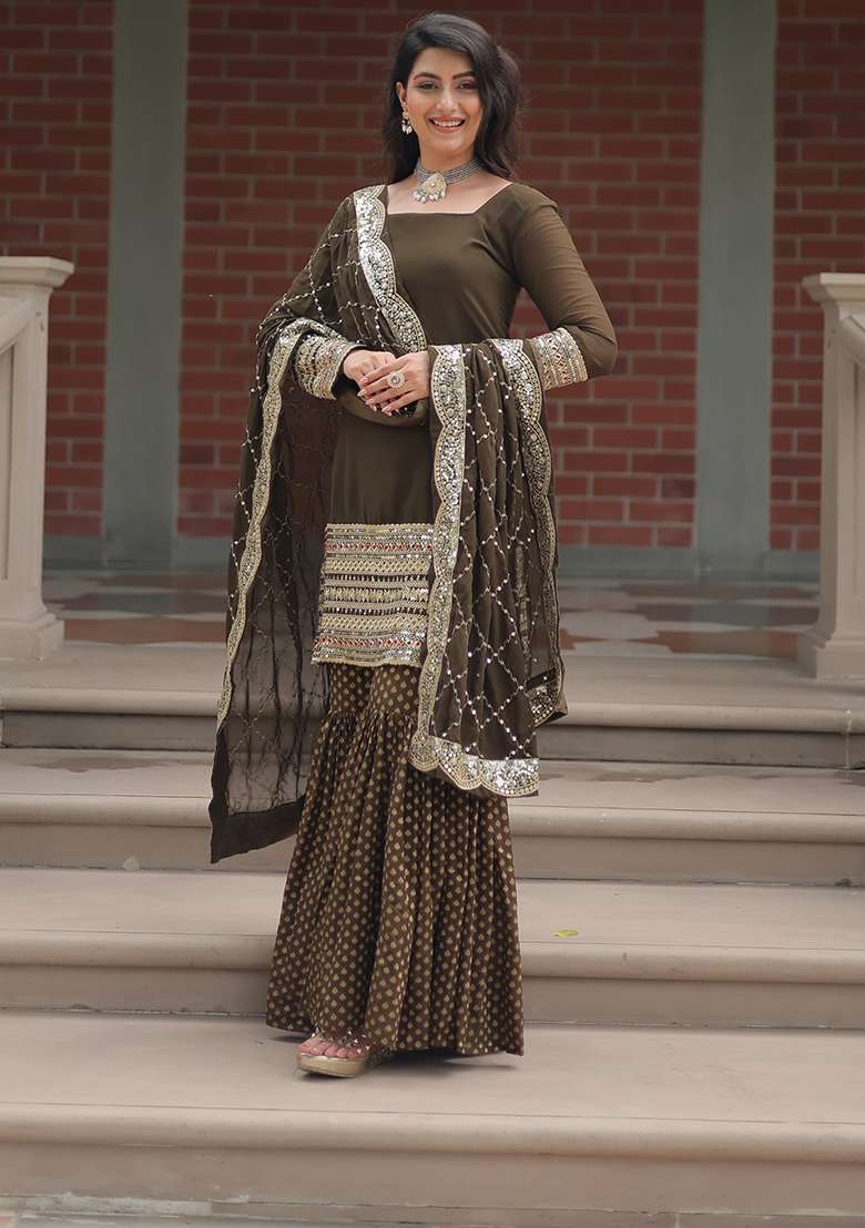 Green Sequins Embroidered Georgette Kurta Set - Indya