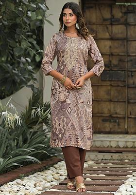 Brown Abstract Print Cotton Kurta Set