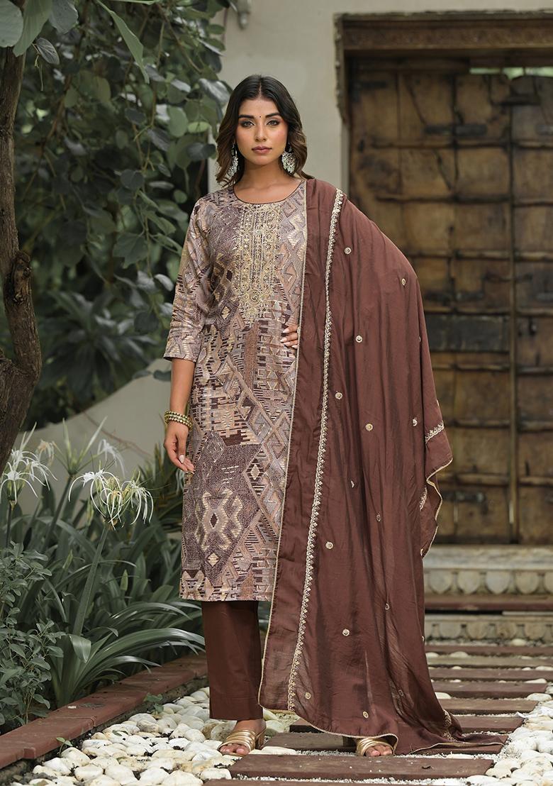 Brown Abstract Print Cotton Kurta Set