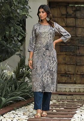 Blue Abstract Print Cotton Kurta Set