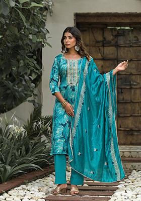 Sea Green Abstract Print Cotton Kurta Set