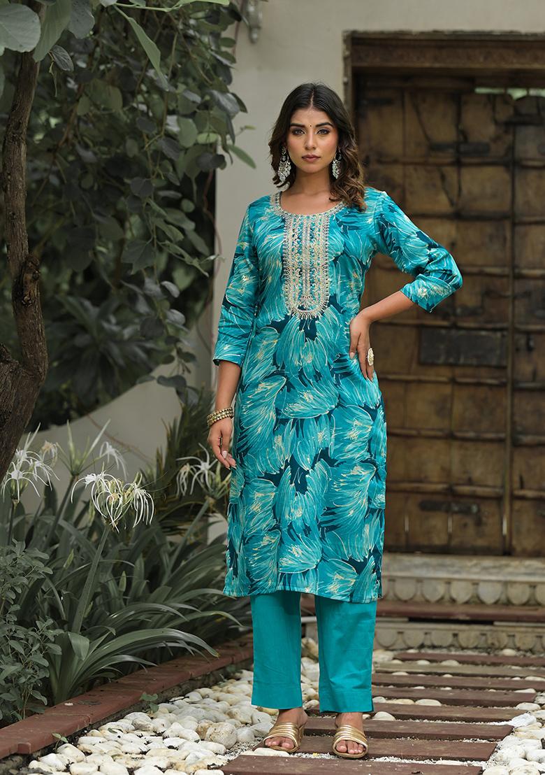Sea Green Abstract Print Cotton Kurta Set