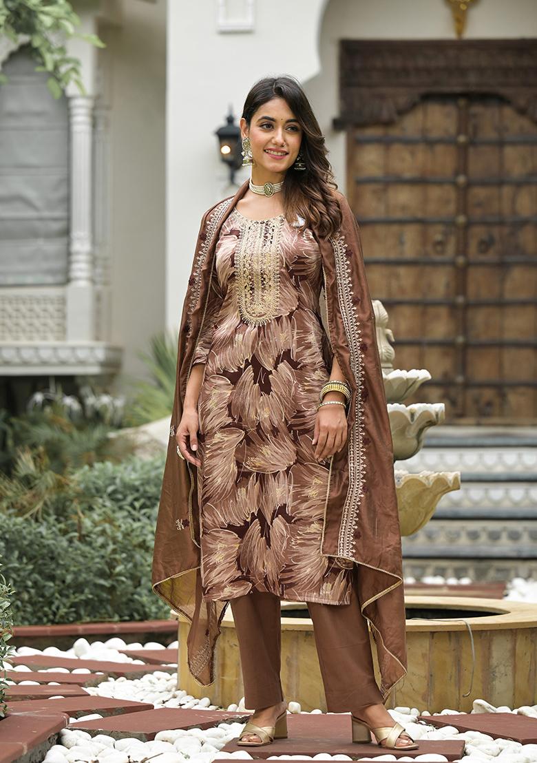 Brown Abstract Print Cotton Kurta Set