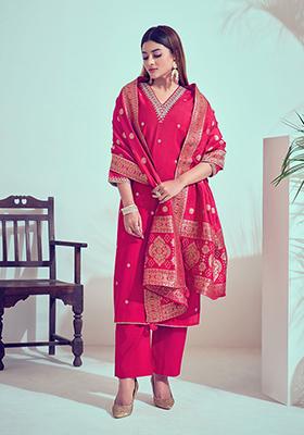 Pink Zari Silk Kurta Set