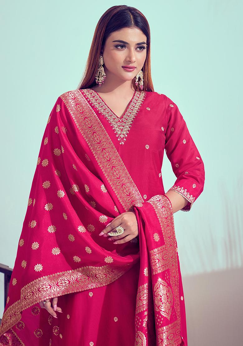 Pink Zari Silk Kurta Set