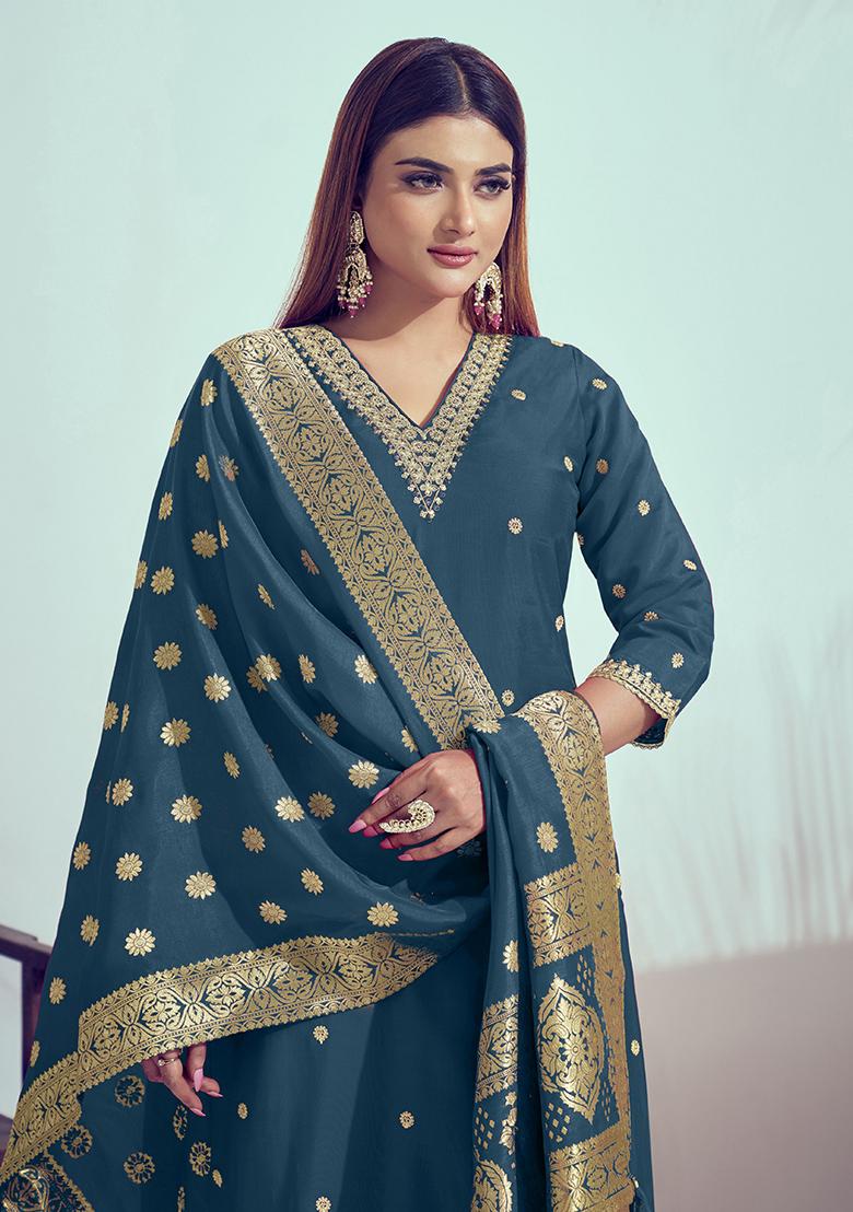 Blue Zari Silk Kurta Set