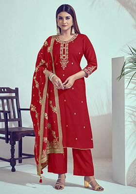 Red Zari Silk Kurta Set
