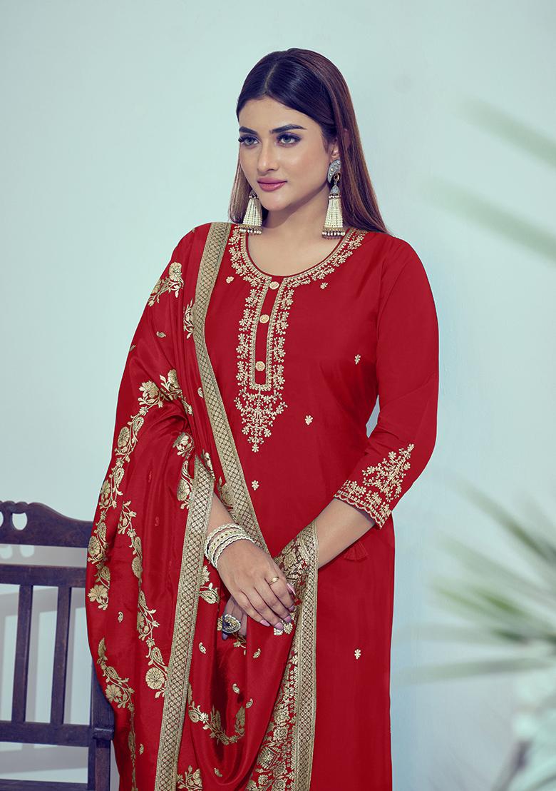 Red Zari Silk Kurta Set